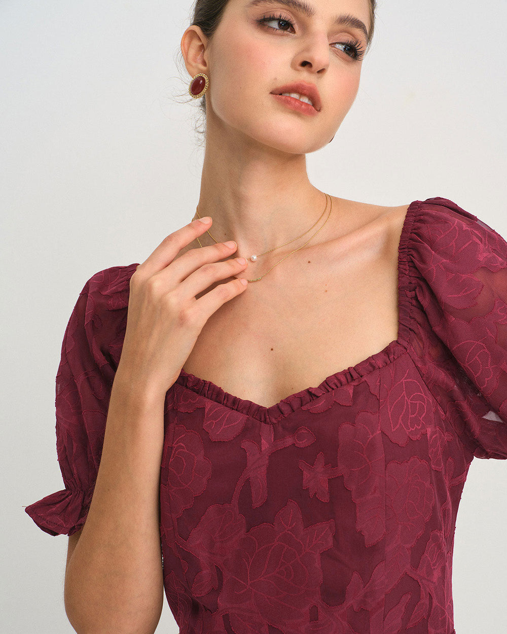 Wine Red Jacquard Slit Midi Dress | Rihoas