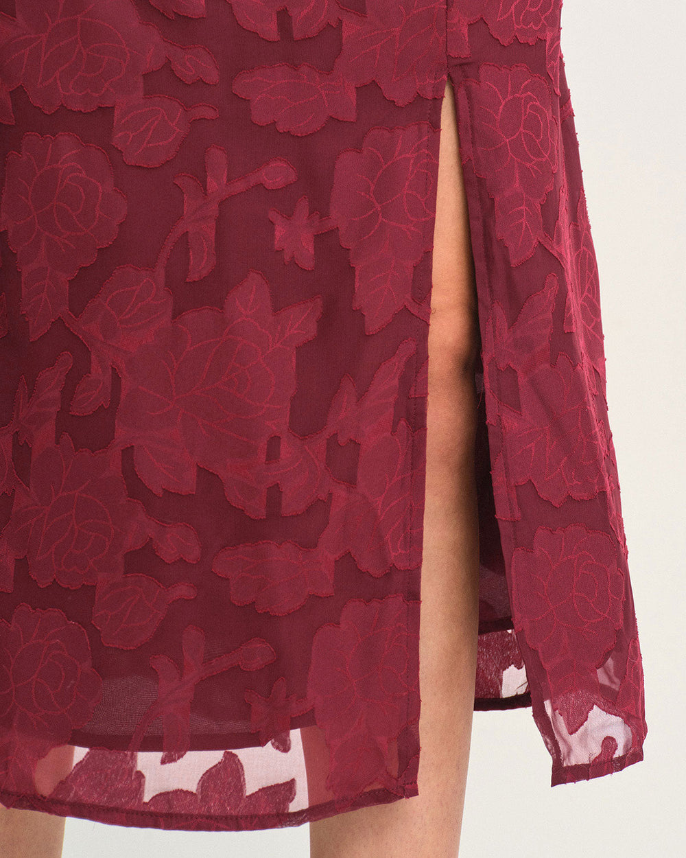 Wine Red Jacquard Slit Midi Dress | Rihoas