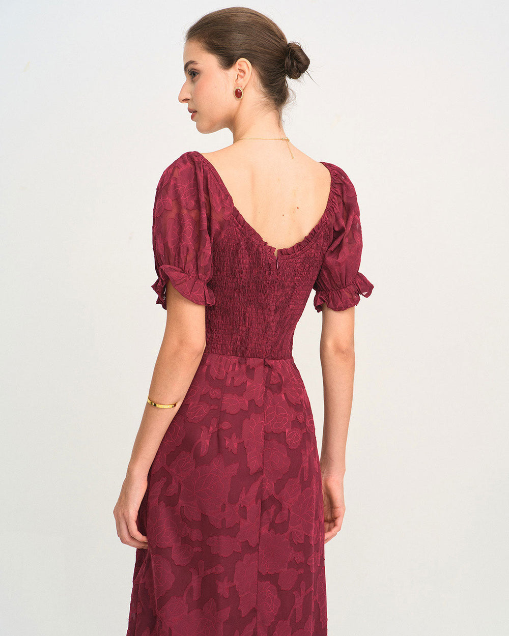 Wine Red Jacquard Slit Midi Dress | Rihoas