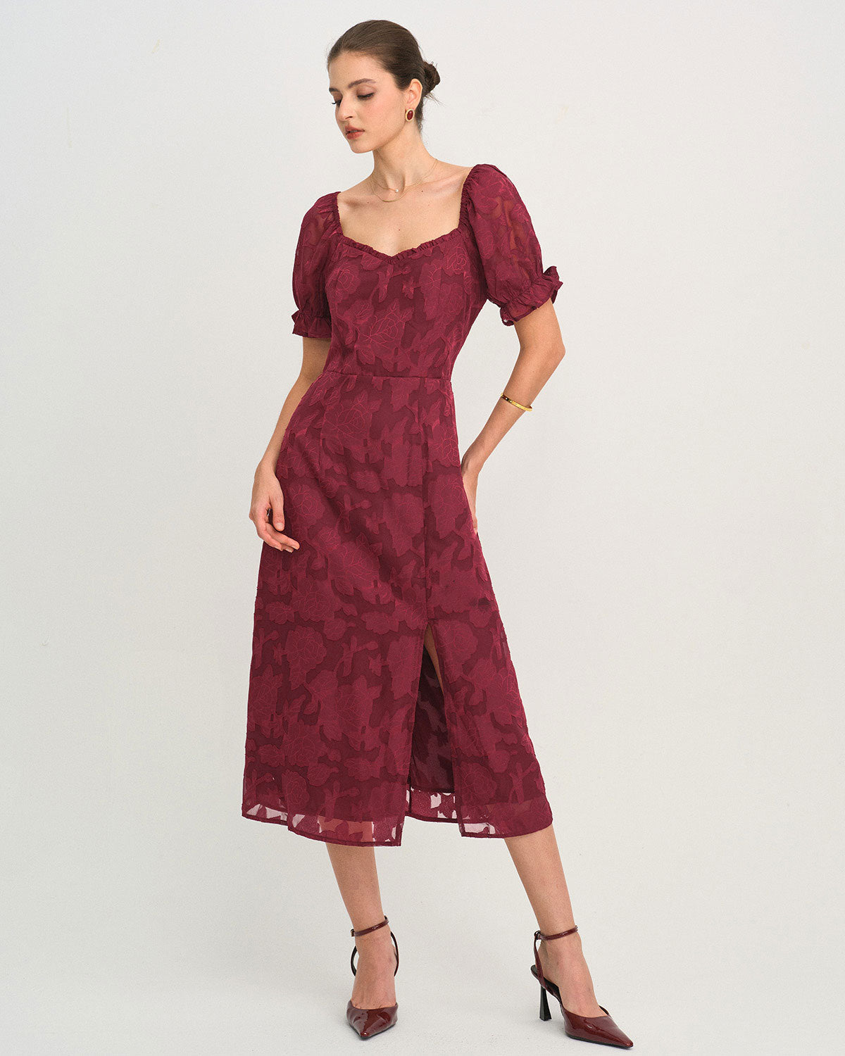 Wine Red Jacquard Slit Midi Dress | Rihoas