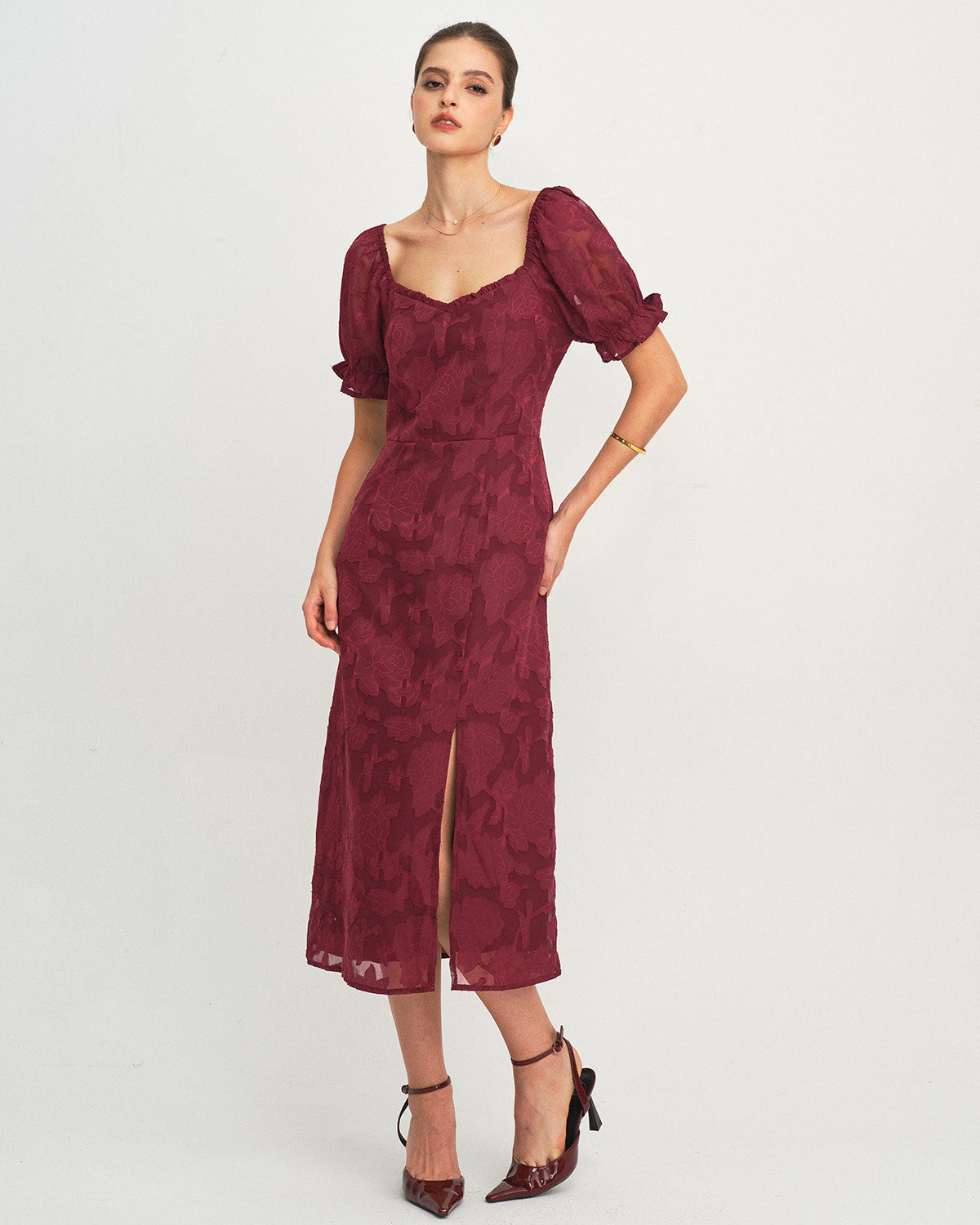 Wine Red Jacquard Slit Midi Dress | Rihoas
