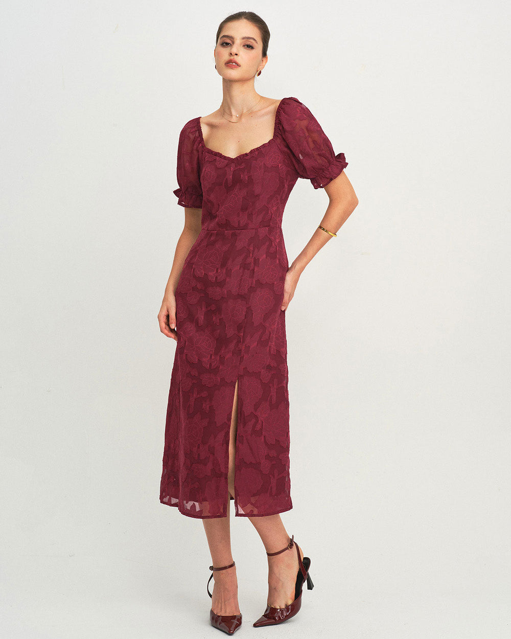 Wine Red Jacquard Slit Midi Dress | Rihoas