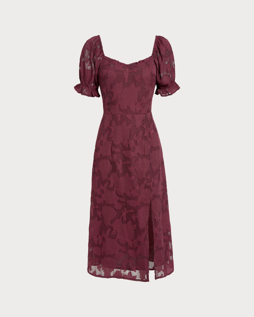 Wine Red Jacquard Slit Midi Dress | Rihoas