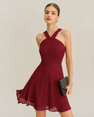 Wine Red Chiffon A-Line Sleeveless Mini Dress | Rihoas