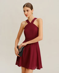Wine Red Chiffon A-Line Sleeveless Mini Dress | Rihoas