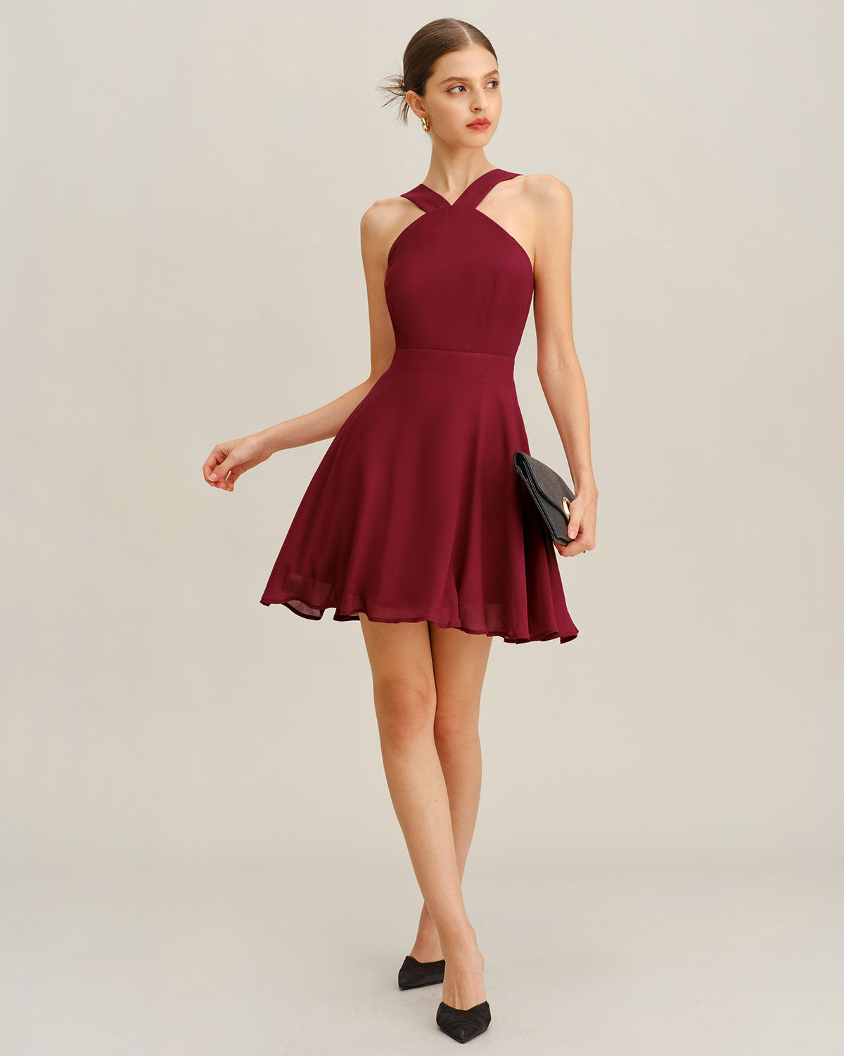 Wine Red Chiffon A-Line Sleeveless Mini Dress | Rihoas