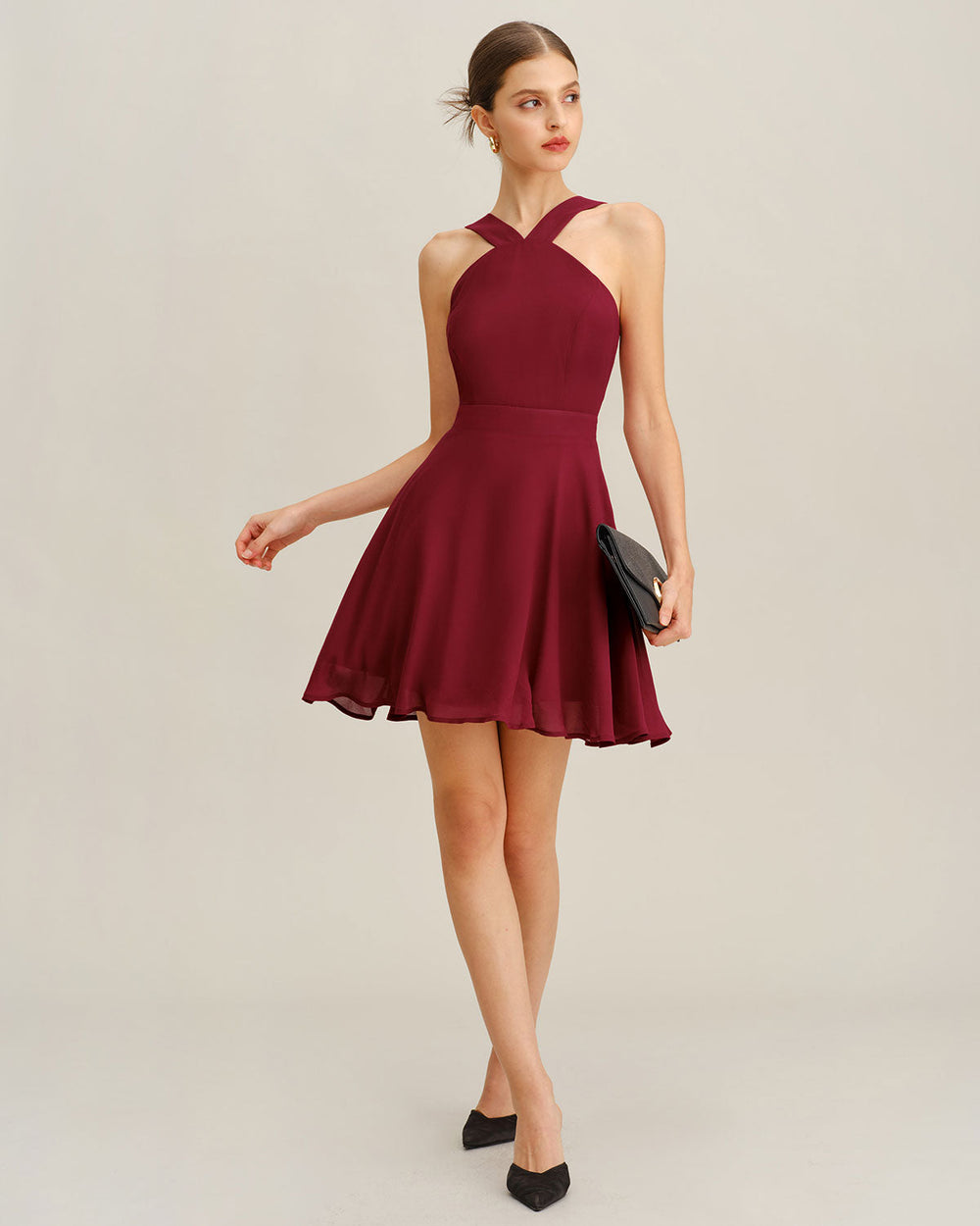 Wine Red Chiffon A-Line Sleeveless Mini Dress | Rihoas