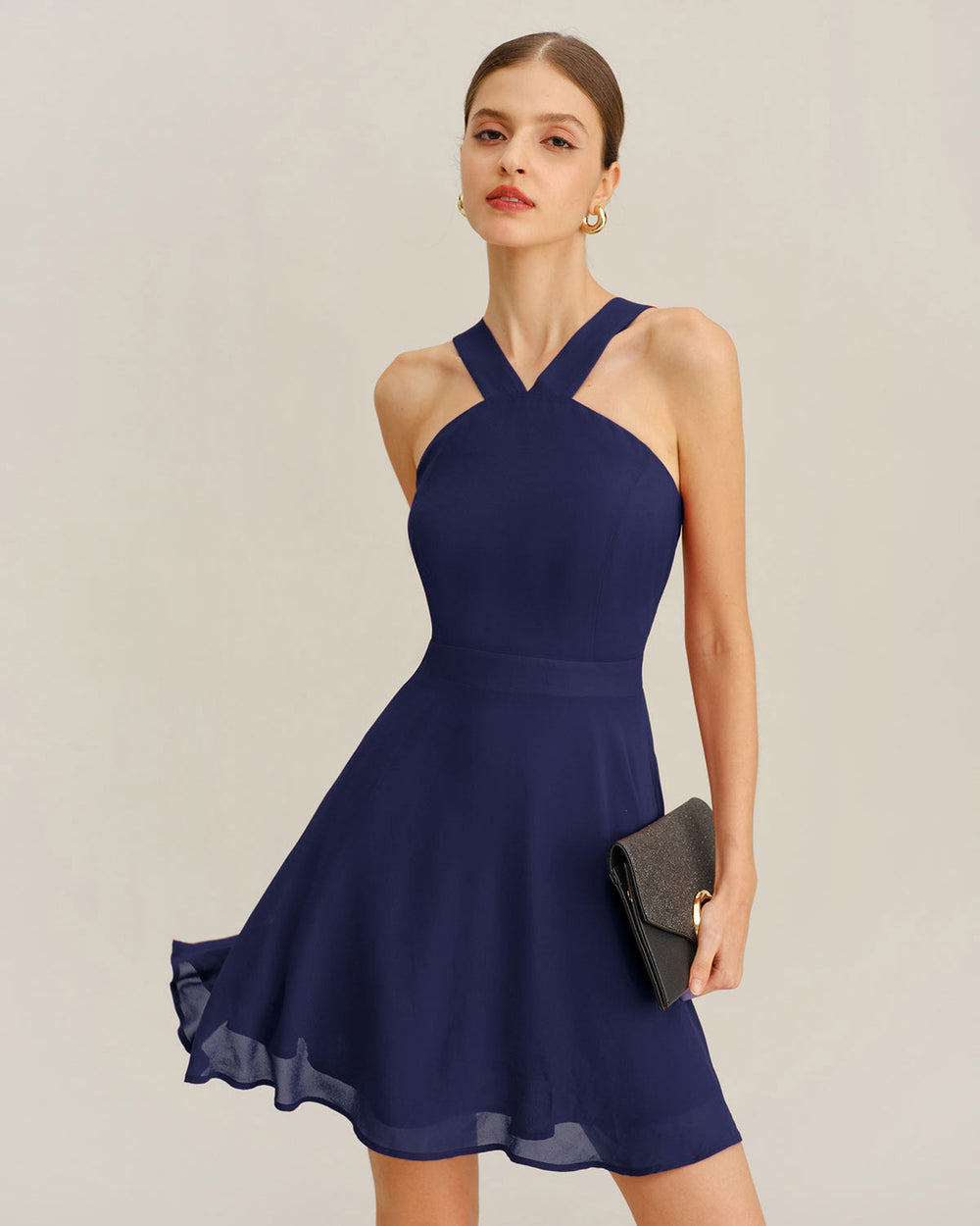 Navy Chiffon A-Line Mini Dress | Rihoas