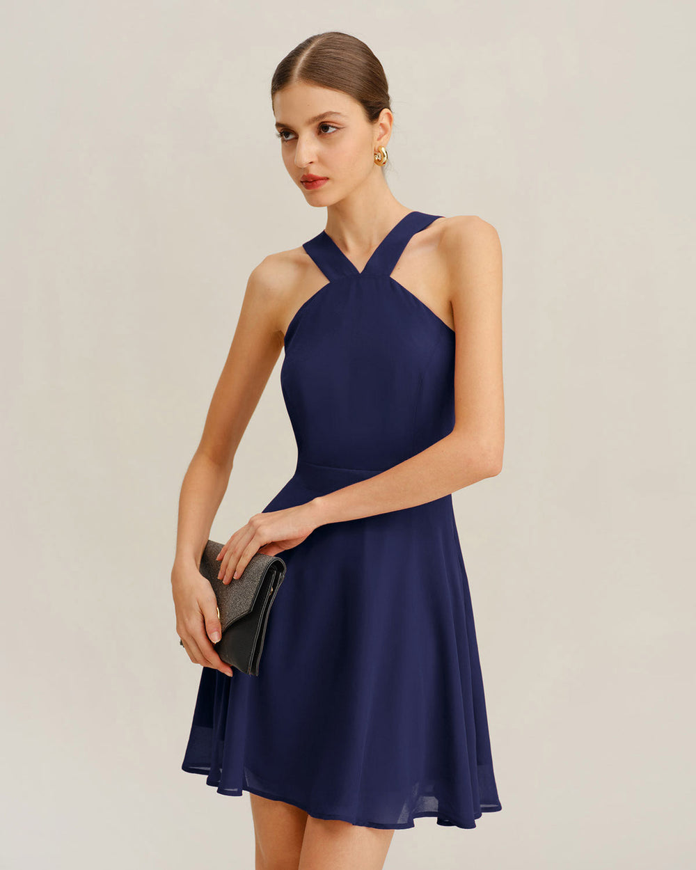 Navy Chiffon A-Line Mini Dress | Rihoas