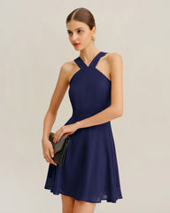 Navy Chiffon A-Line Mini Dress | Rihoas