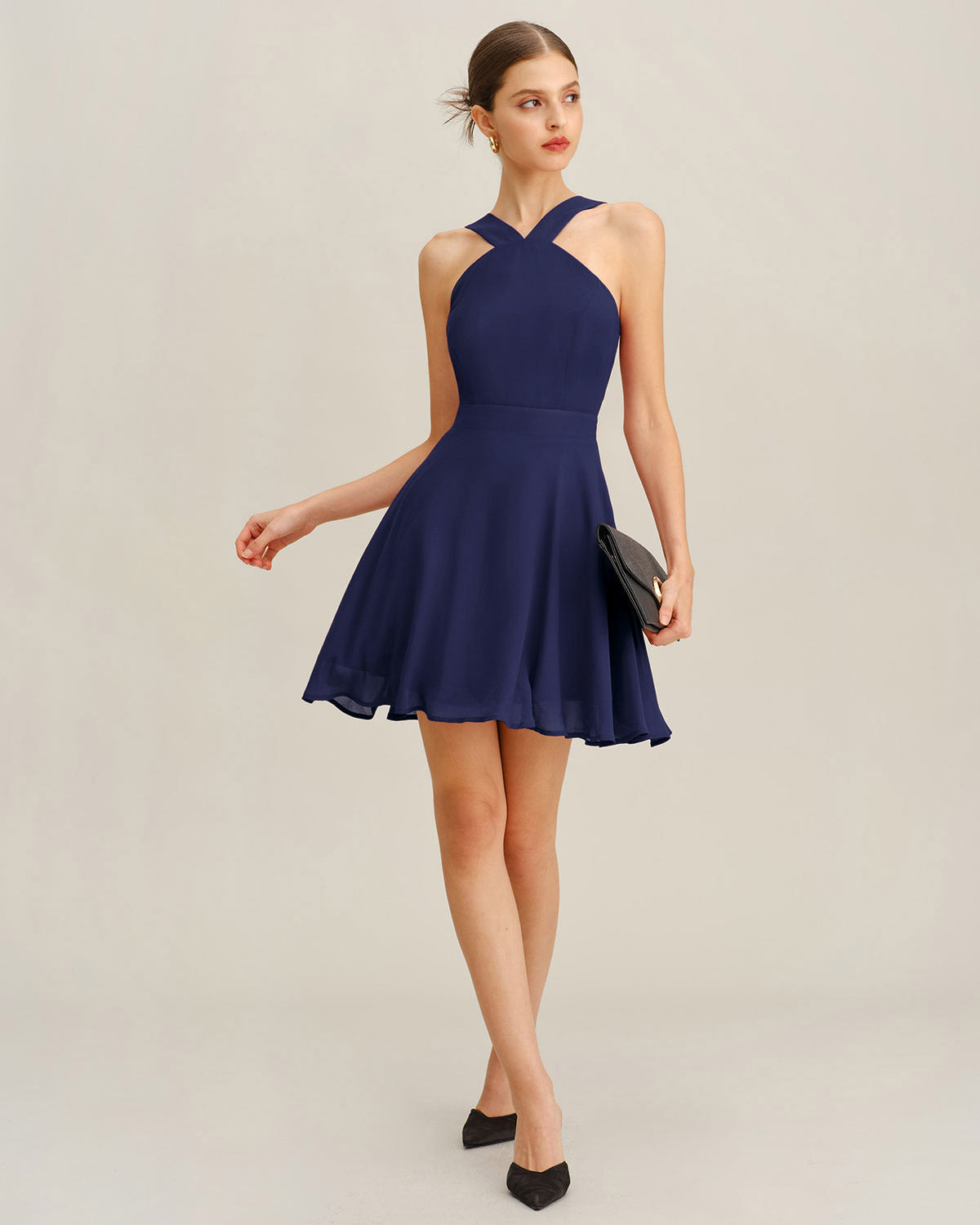 Navy Chiffon A-Line Mini Dress | Rihoas
