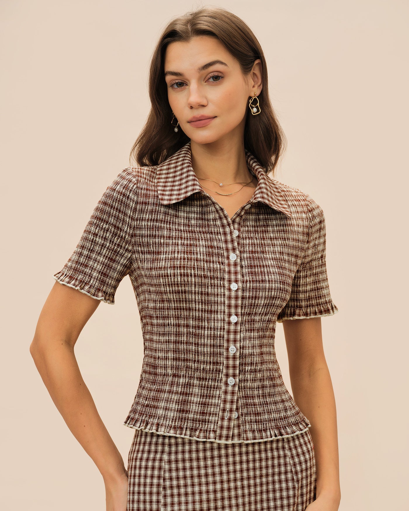 Brown Plaid Button Collar Blouse | Rihoas