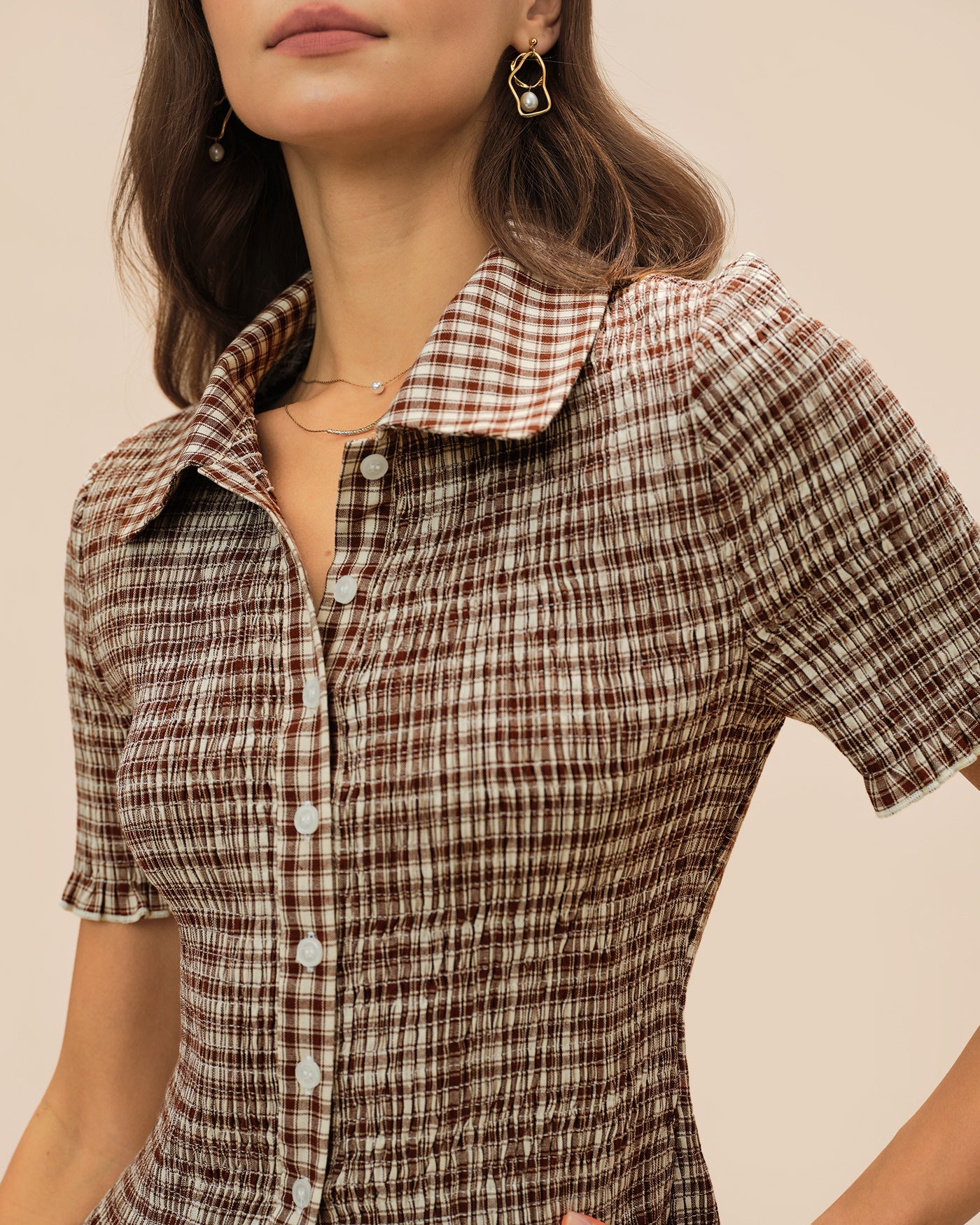 Brown Plaid Button Collar Blouse | Rihoas