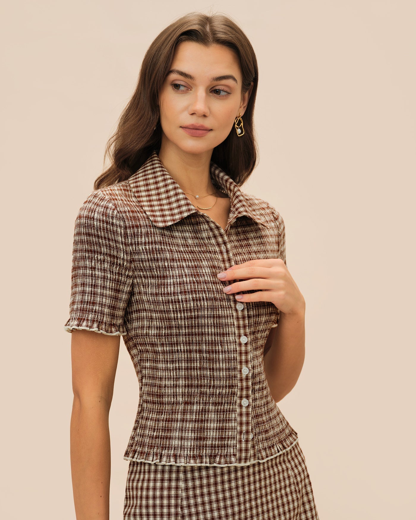 Brown Plaid Button Collar Blouse | Rihoas