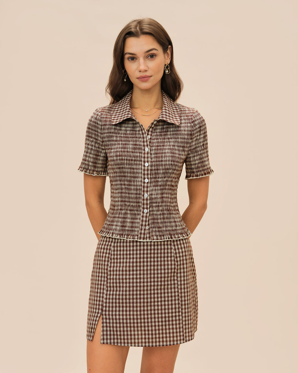 Brown Plaid Button Collar Blouse | Rihoas