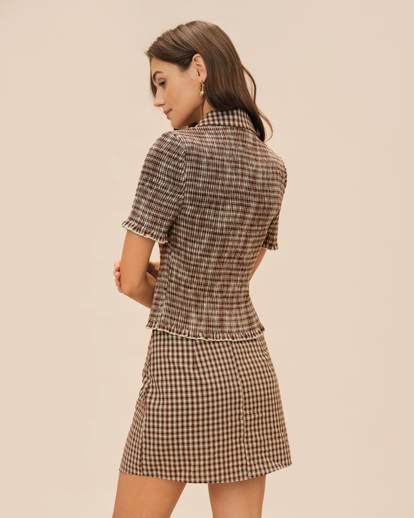 Brown Plaid Button Collar Blouse | Rihoas