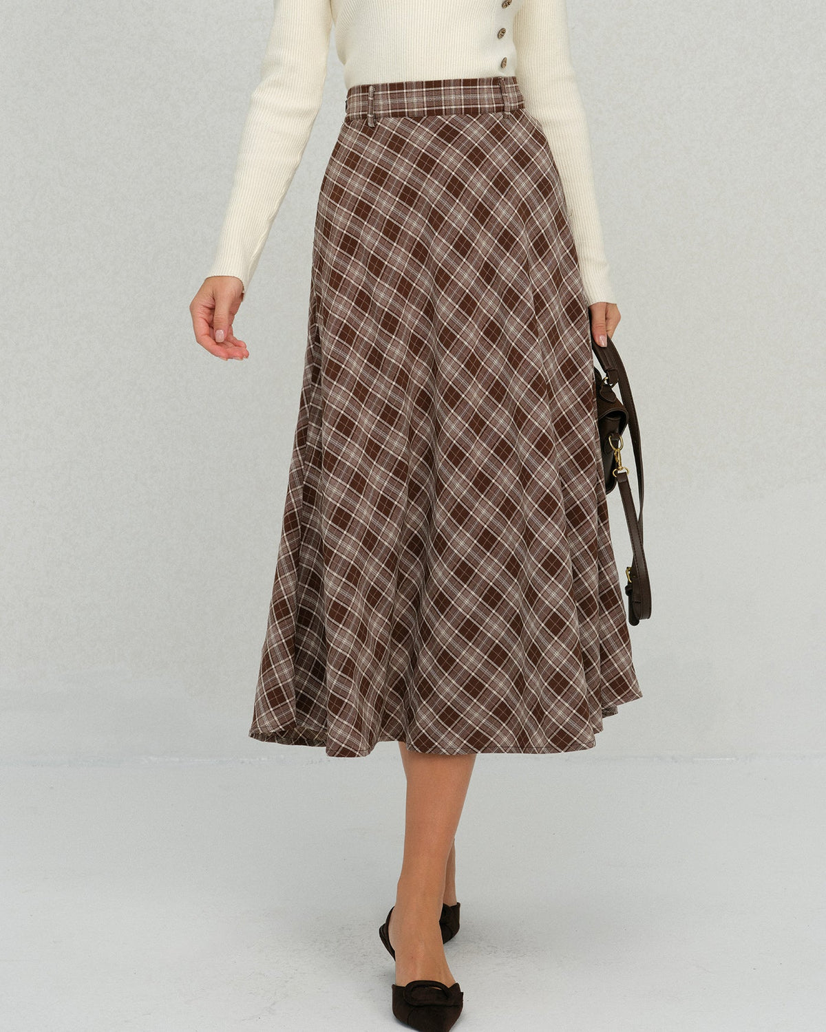 Brown Plaid Floral A-Line Midi Skirt | Rihoas