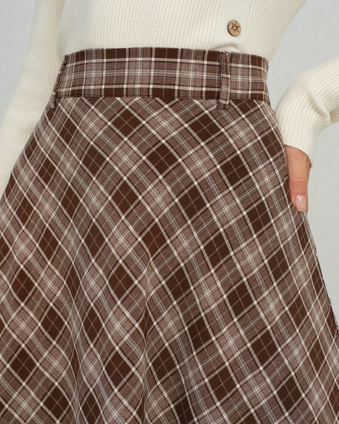 Brown Plaid Floral A-Line Midi Skirt | Rihoas