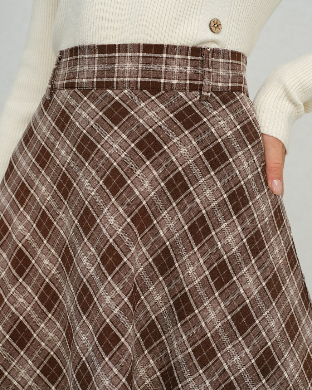 Brown Plaid Floral A-Line Midi Skirt | Rihoas