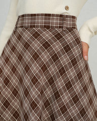 Brown Plaid Floral A-Line Midi Skirt | Rihoas