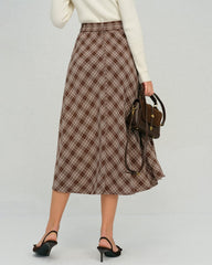 Brown Plaid Floral A-Line Midi Skirt | Rihoas