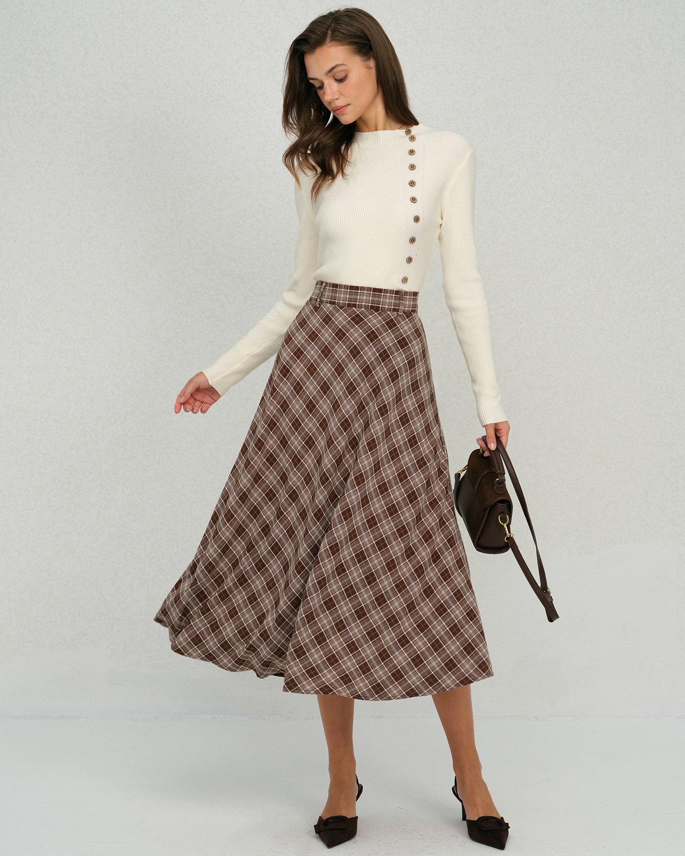 Brown Plaid Floral A-Line Midi Skirt | Rihoas