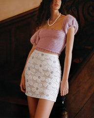 White Floral Sequins Mini Skirt | Rihoas