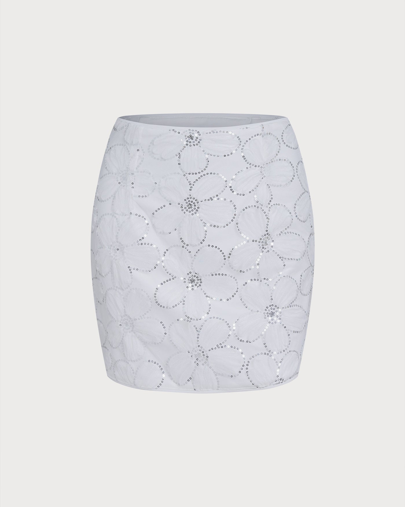 White Floral Sequins Mini Skirt | Rihoas
