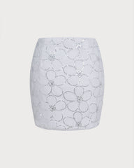 White Floral Sequins Mini Skirt | Rihoas
