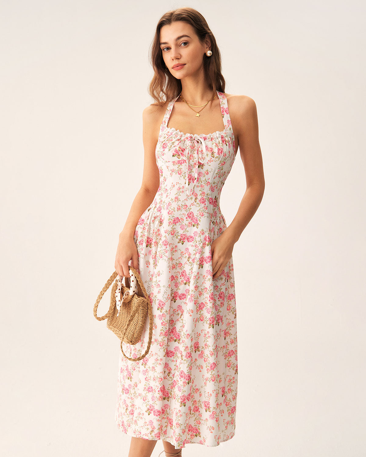 Pink Floral Halter Midi Dress | Rihoas
