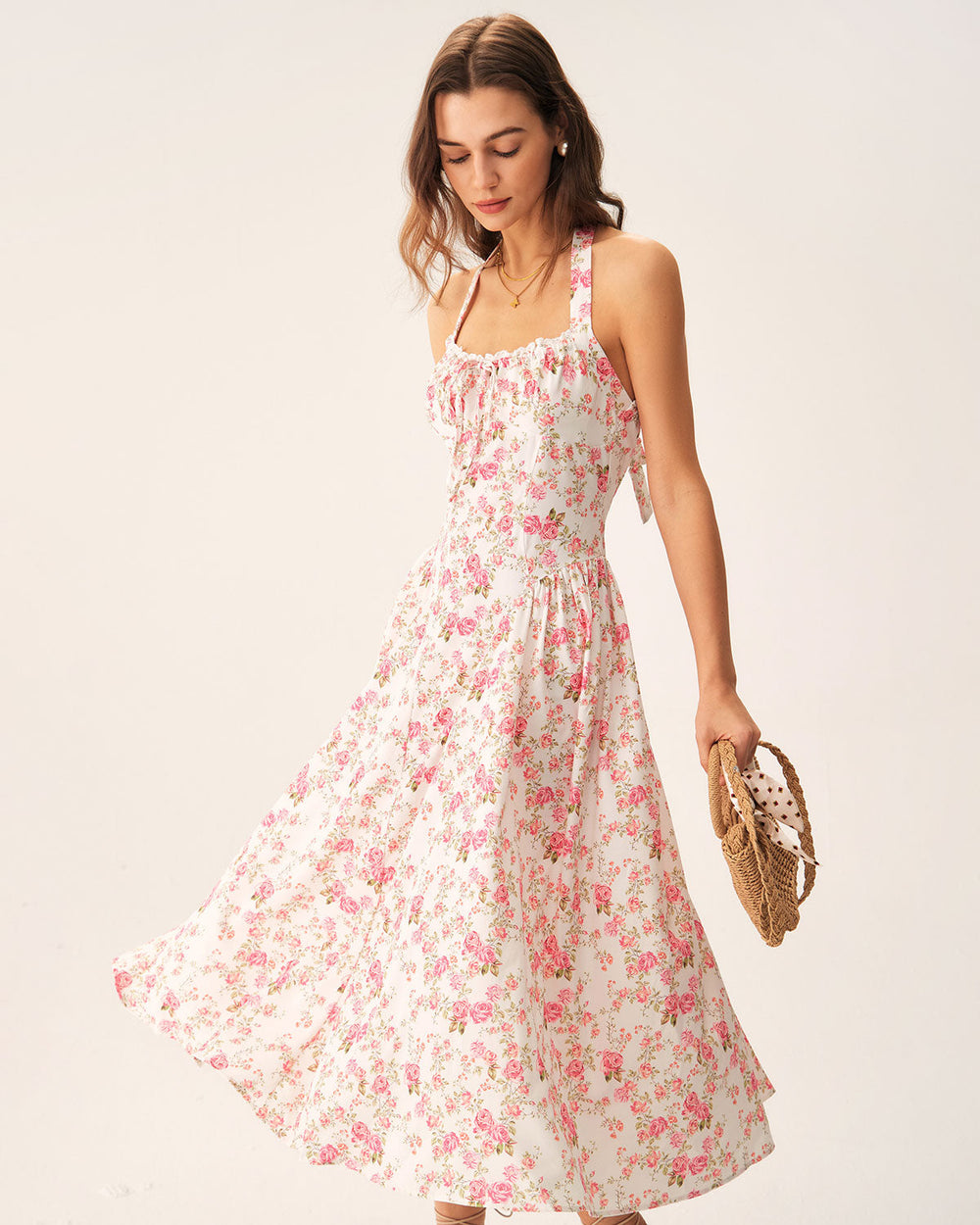 Pink Floral Halter Midi Dress | Rihoas