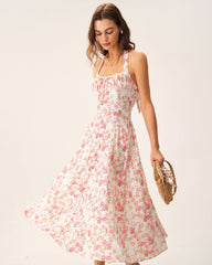 Pink Floral Halter Midi Dress | Rihoas