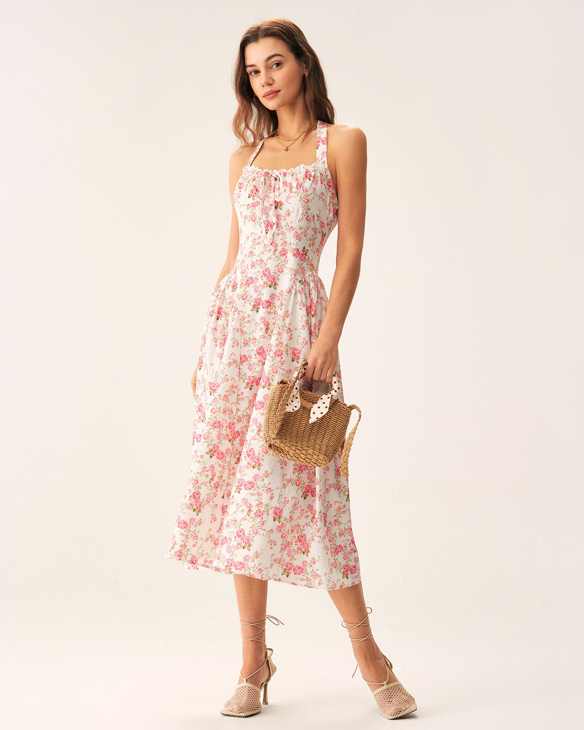 Pink Floral Halter Midi Dress | Rihoas