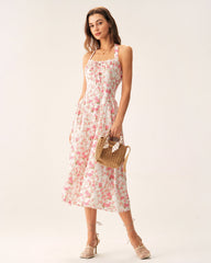 Pink Floral Halter Midi Dress | Rihoas