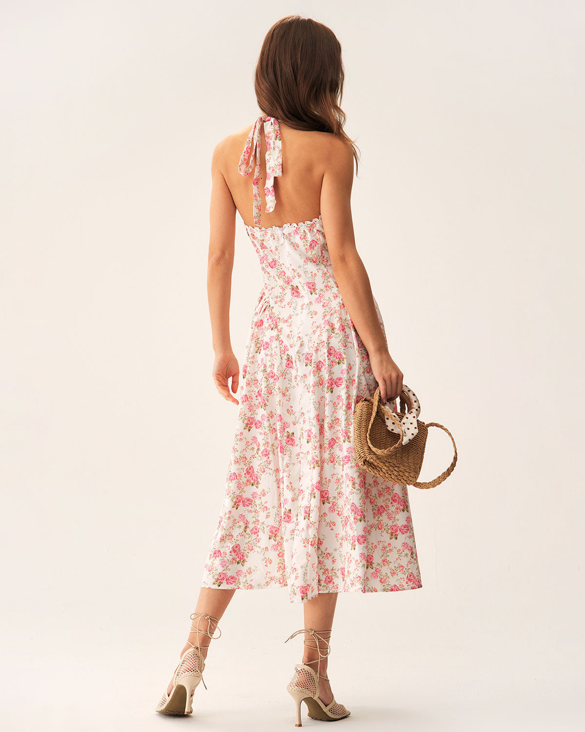Pink Floral Halter Midi Dress | Rihoas