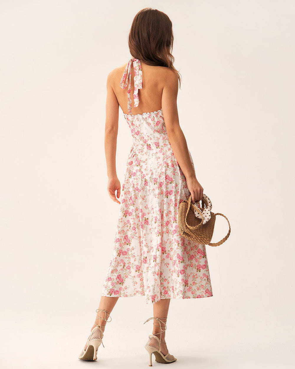 Pink Floral Halter Midi Dress | Rihoas