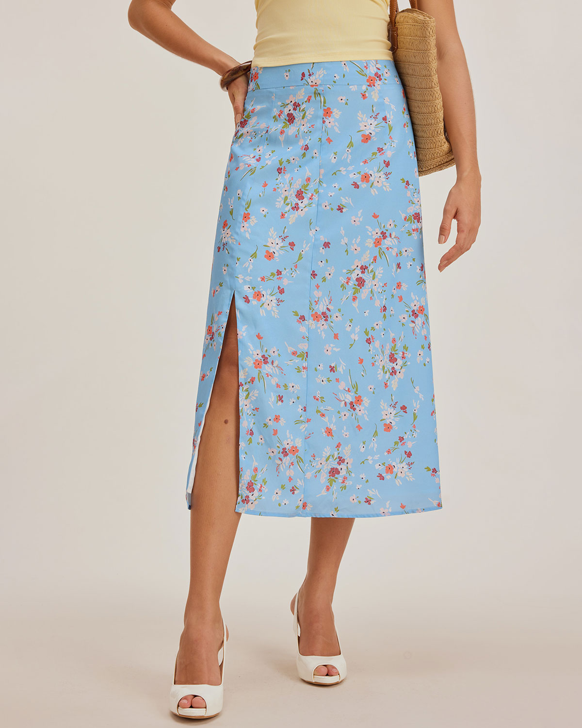 Blue Floral Slit A-Line Midi Skirt | Rihoas