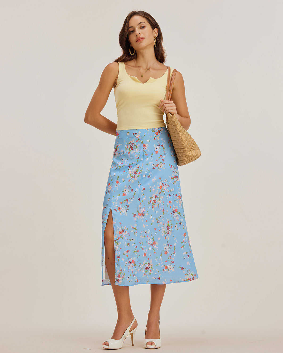 Blue Floral Slit A-Line Midi Skirt | Rihoas