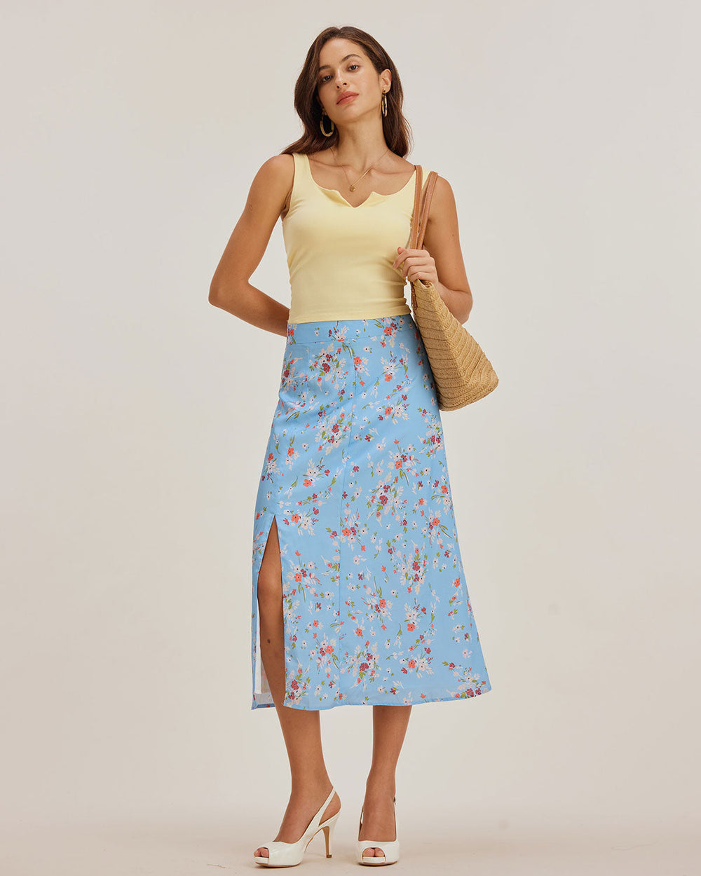 Blue Floral Slit A-Line Midi Skirt | Rihoas