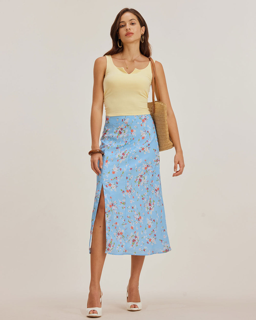 Blue Floral Slit A-Line Midi Skirt | Rihoas
