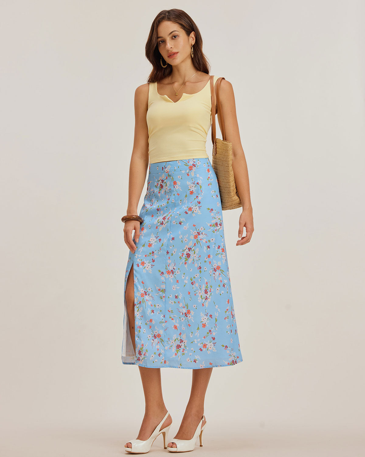 Blue Floral Slit A-Line Midi Skirt | Rihoas