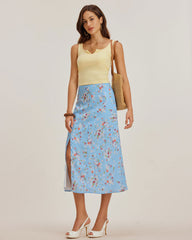 Blue Floral Slit A-Line Midi Skirt | Rihoas