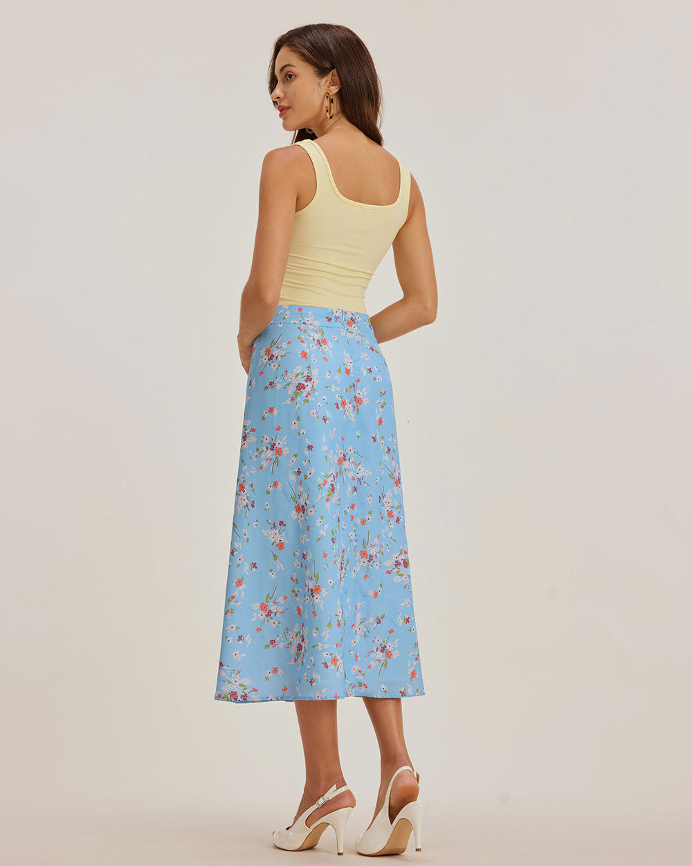 Blue Floral Slit A-Line Midi Skirt | Rihoas