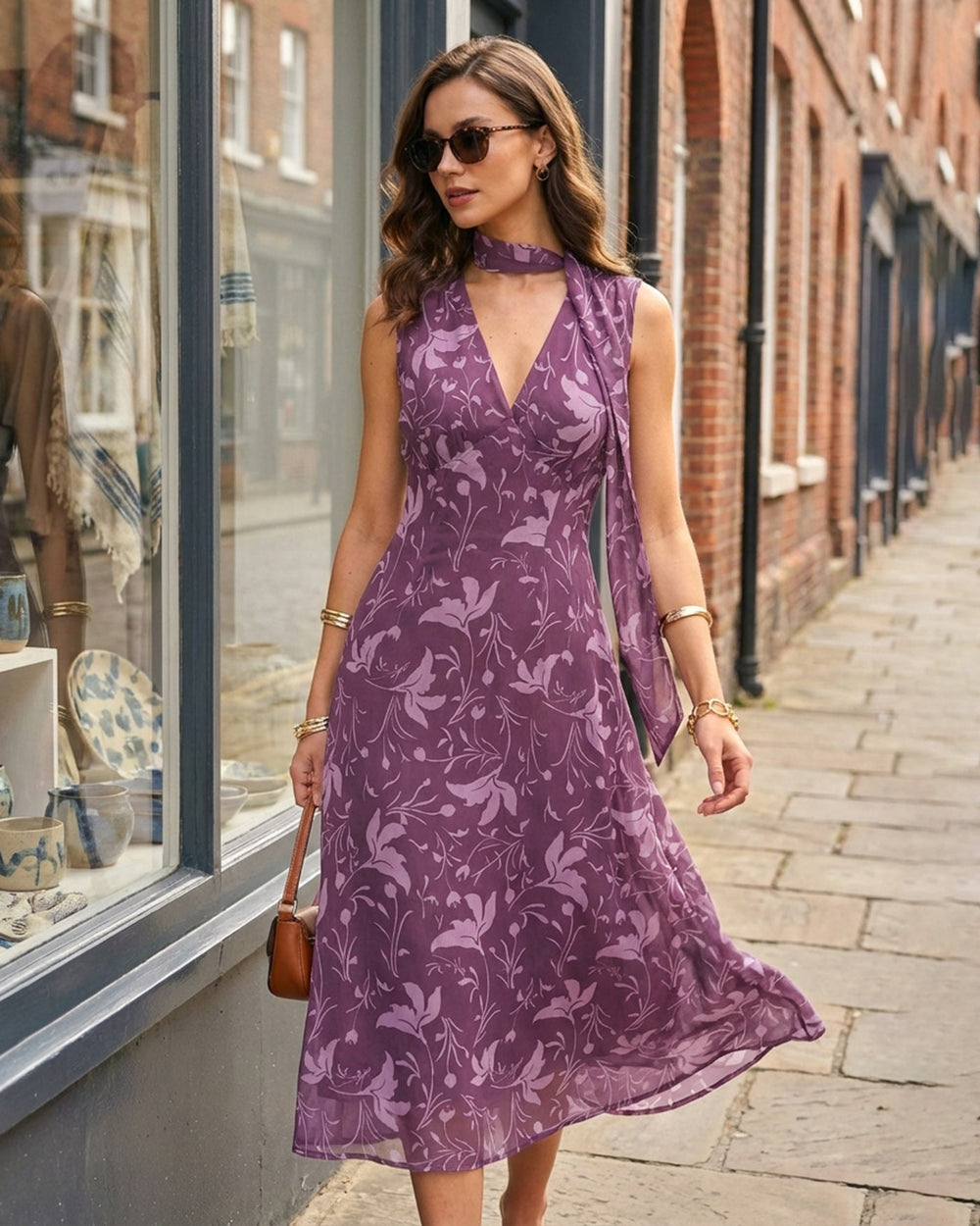 Purple V Neck Floral Chiffon Midi Dress | Rihoas
