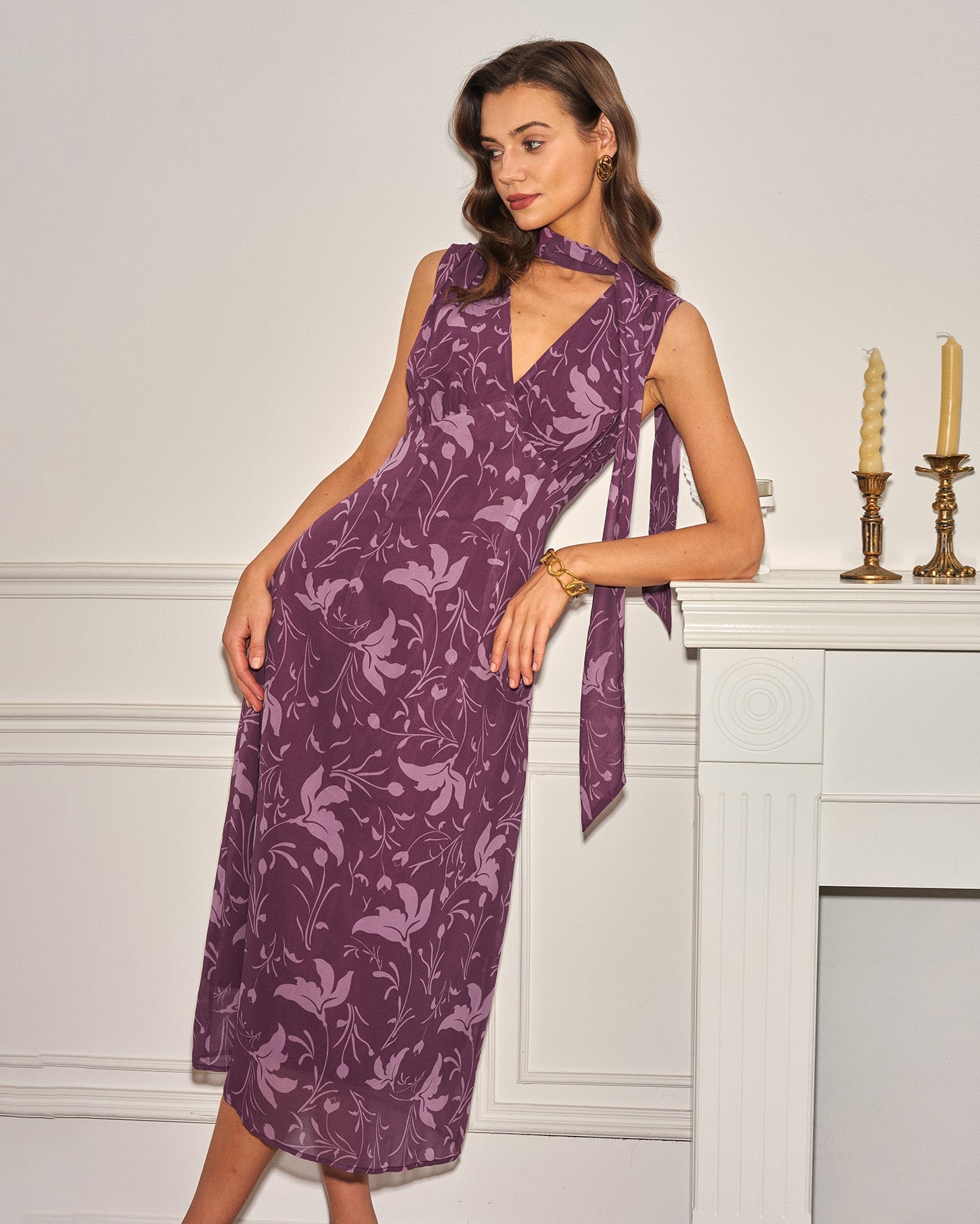 Purple V Neck Floral Chiffon Midi Dress | Rihoas