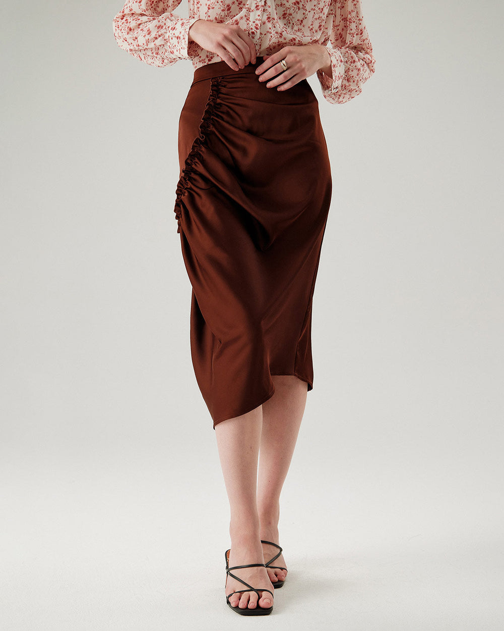 Coffee Ruched Pencil Midi Skirt | Rihoas