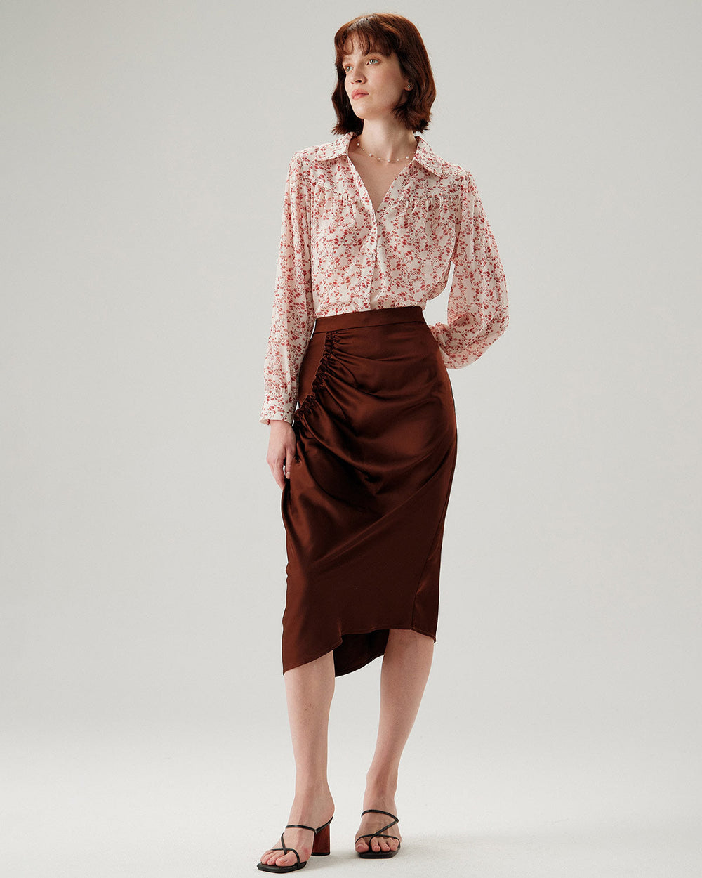 Coffee Ruched Pencil Midi Skirt | Rihoas