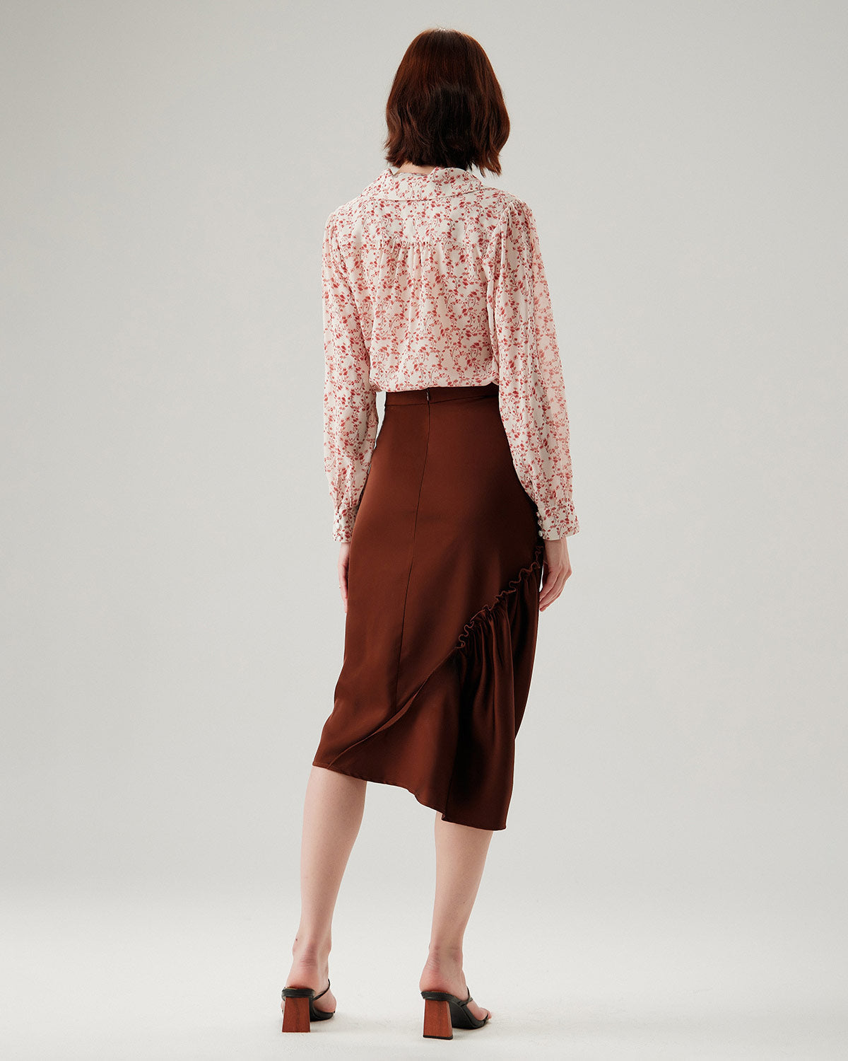 Coffee Ruched Pencil Midi Skirt | Rihoas