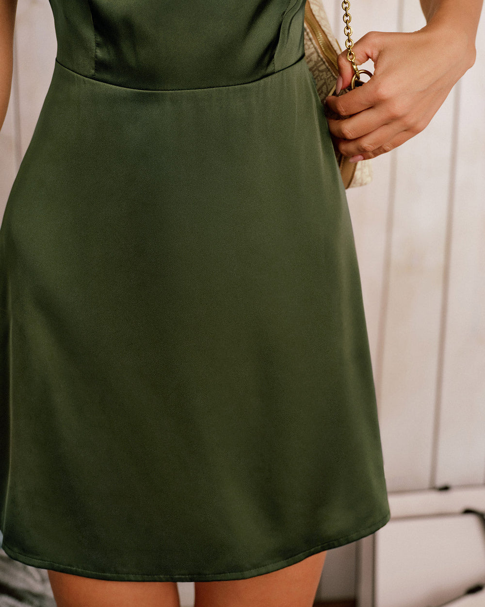 Green Satin Sleeveless Mini Dress | Rihoas