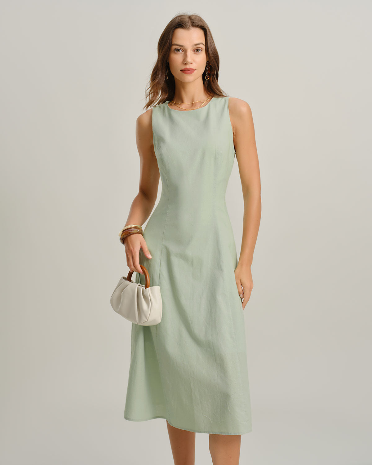 Green Round Neck Sleeveless Midi Dress | Rihoas